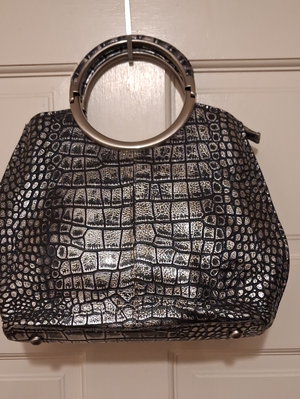 Patrica Nash Metallic Black Croc-Embossed Ring Handle Tote